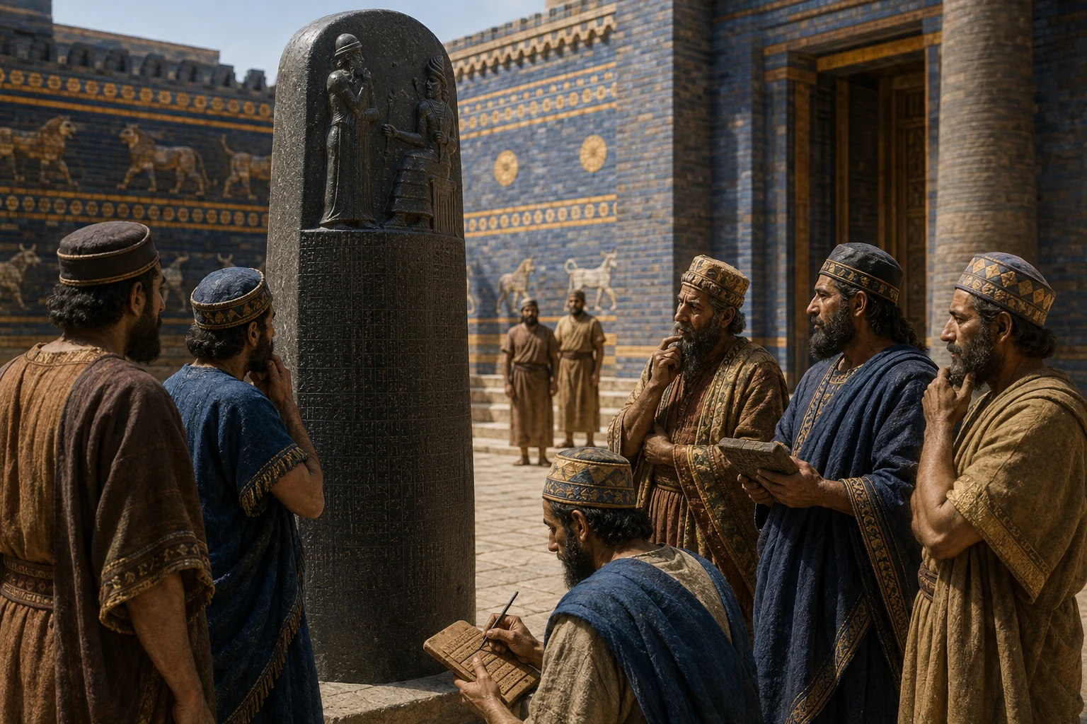 Jueces y escribas consultando las leyes de Hammurabi.