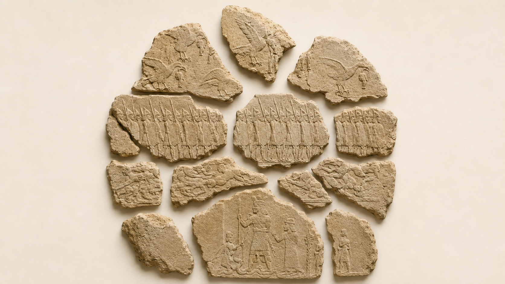Reconstrucción de la Estela de los Buitres mediante sus fragmentos conservados, dispuestos según su posición aproximada.