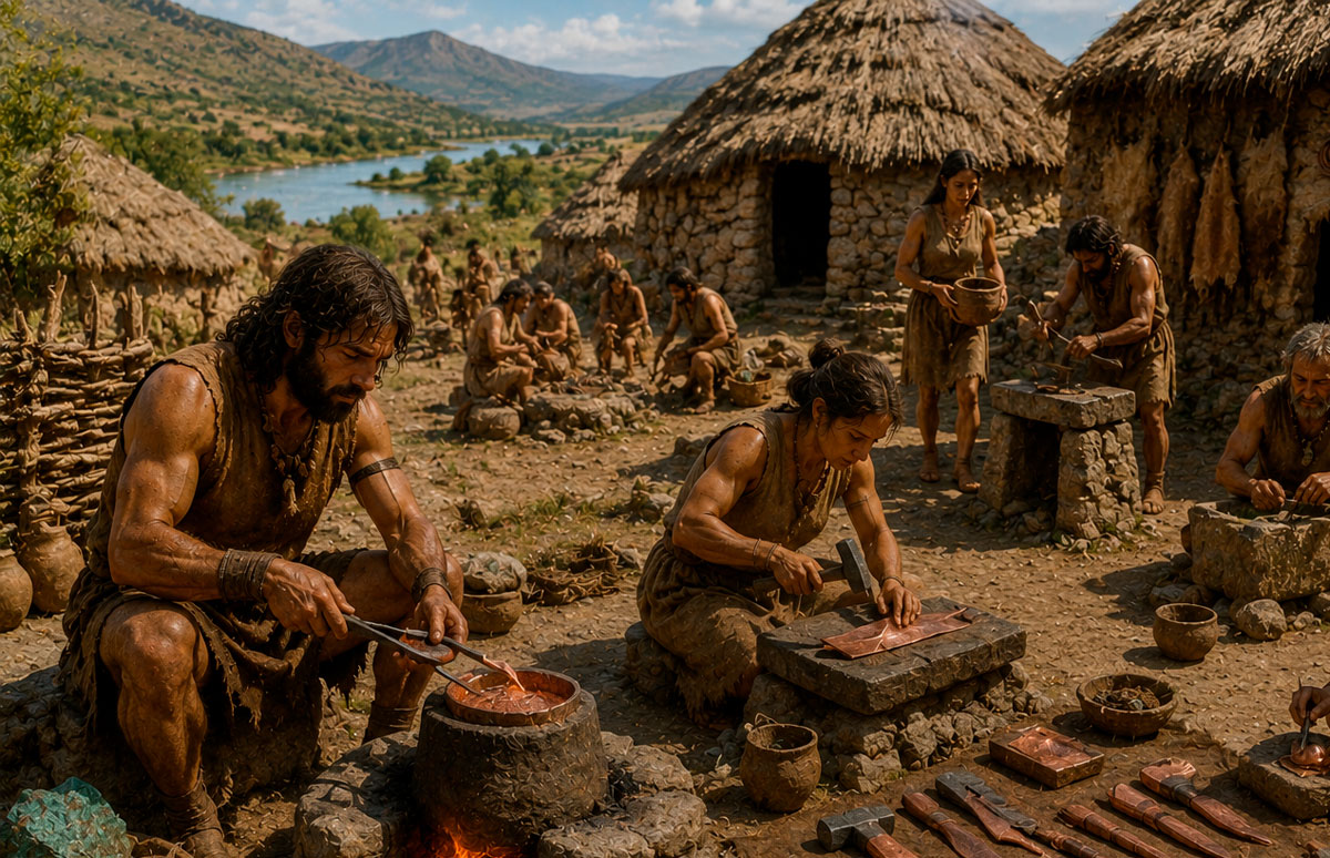 Trabajo del cobre en un poblado prehistórico.