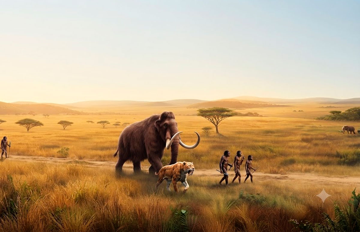 Paisaje de la Era Cenozoica con mamíferos y primeros primates.